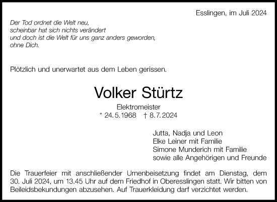 Traueranzeige von Volker Stürtz von Eßlinger Zeitung/Cannstatter Zeitung