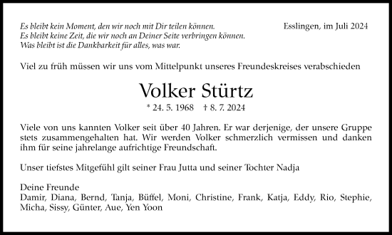 Traueranzeige von Volker Stürtz von Eßlinger Zeitung/Cannstatter Zeitung