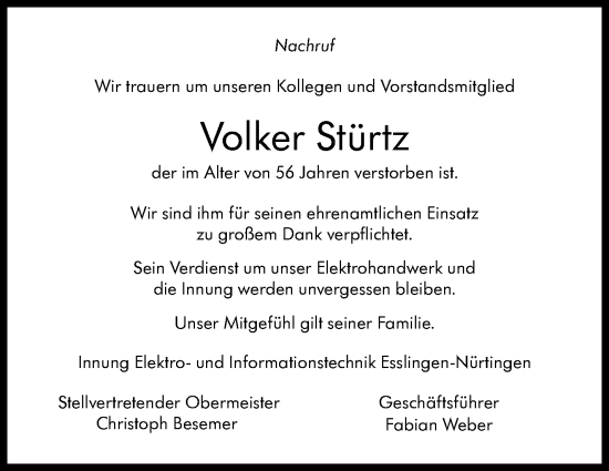 Traueranzeige von Volker Stürtz von Eßlinger Zeitung/Cannstatter Zeitung