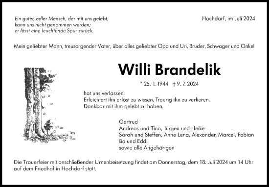 Traueranzeige von Willi Brandelik von Eßlinger Zeitung/Cannstatter Zeitung