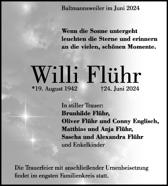 Traueranzeige von Willi Flühr von Eßlinger Zeitung/Cannstatter Zeitung