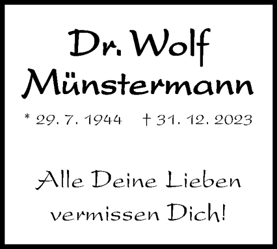 Traueranzeige von Wolf Münstermann von Eßlinger Zeitung/Cannstatter Zeitung