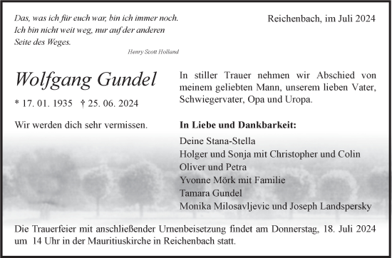 Traueranzeige von Wolfgang Gundel von Eßlinger Zeitung/Cannstatter Zeitung