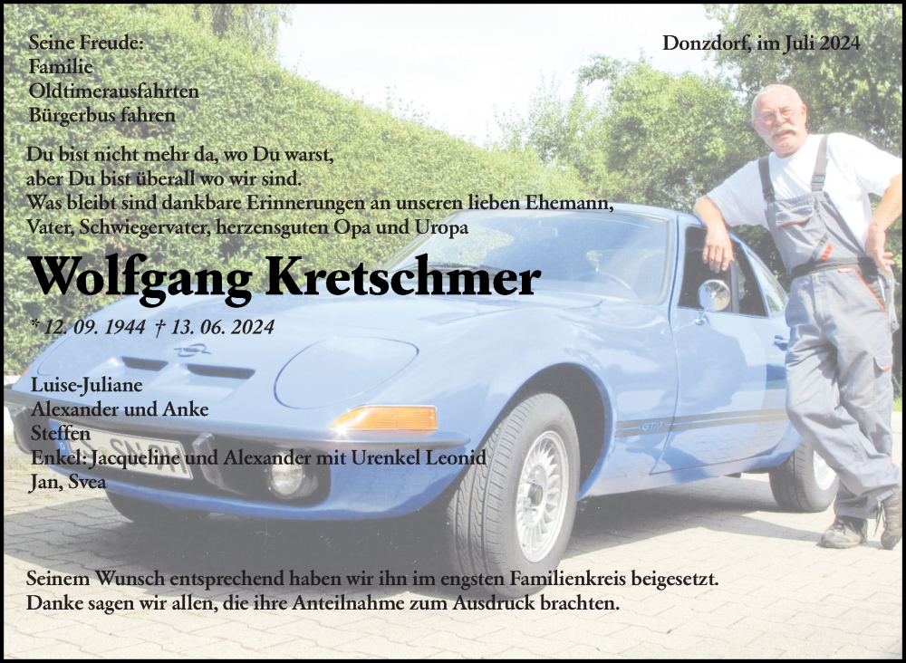  Traueranzeige für Wolfgang Kretschmer vom 04.07.2024 aus Eßlinger Zeitung/Cannstatter Zeitung