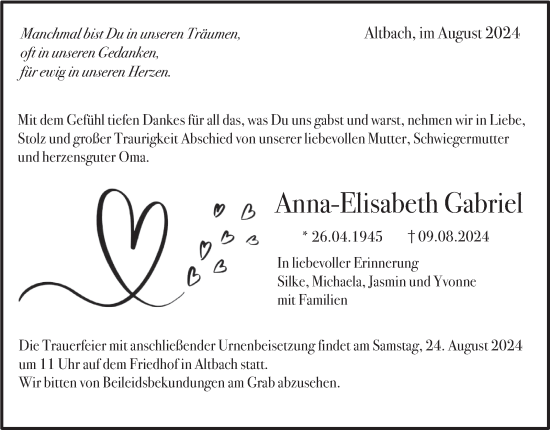 Traueranzeige von Anna-Elisabeth Gabriel von Eßlinger Zeitung/Cannstatter Zeitung