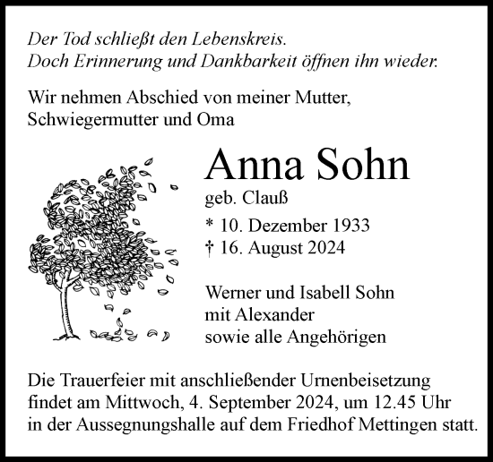 Traueranzeige von Anna Sohn von Eßlinger Zeitung/Cannstatter Zeitung
