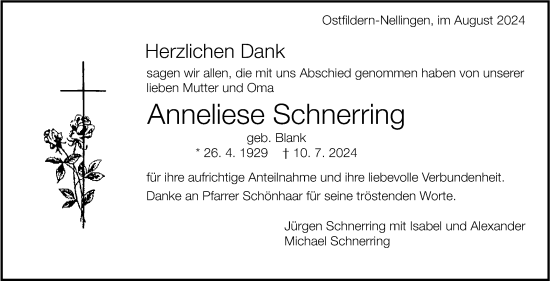 Traueranzeige von Anneliese Schnerring von Eßlinger Zeitung/Cannstatter Zeitung