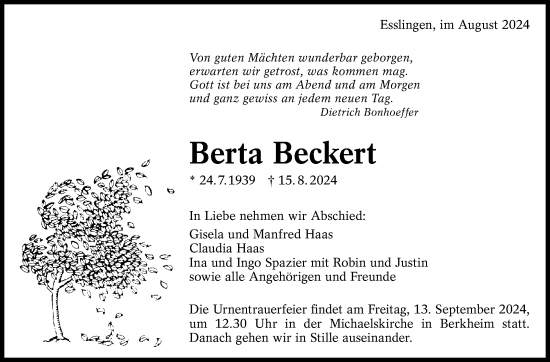 Traueranzeige von Berta Beckert von Eßlinger Zeitung/Cannstatter Zeitung