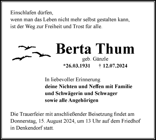 Traueranzeige von Berta Thum von Eßlinger Zeitung/Cannstatter Zeitung