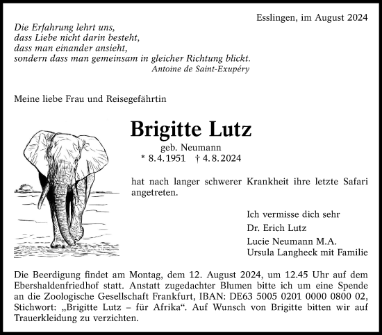 Traueranzeige von Brigitte Lutz von Eßlinger Zeitung/Cannstatter Zeitung