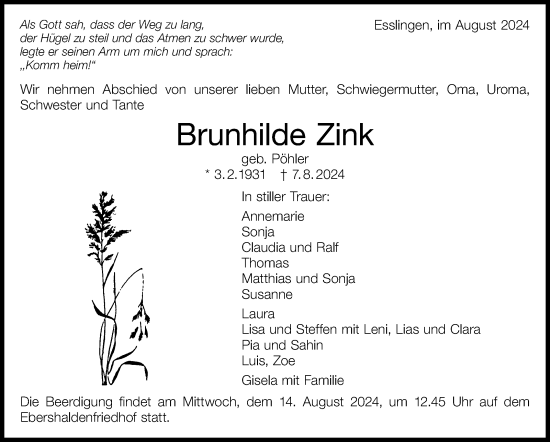 Traueranzeige von Brunhilde Zink von Eßlinger Zeitung/Cannstatter Zeitung