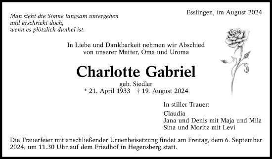 Traueranzeige von Charlotte Gabriel von Eßlinger Zeitung/Cannstatter Zeitung