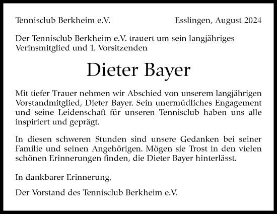 Traueranzeige von Dieter Bayer von Eßlinger Zeitung/Cannstatter Zeitung