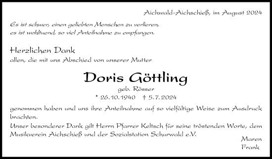 Traueranzeige von Doris Göttling von Eßlinger Zeitung/Cannstatter Zeitung