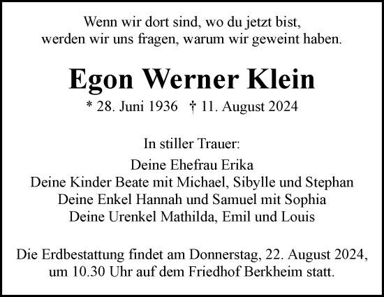 Traueranzeige von Egon Werner Klein von Eßlinger Zeitung/Cannstatter Zeitung