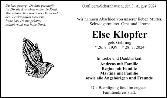 Traueranzeige von Else Klopfer von Eßlinger Zeitung/Cannstatter Zeitung
