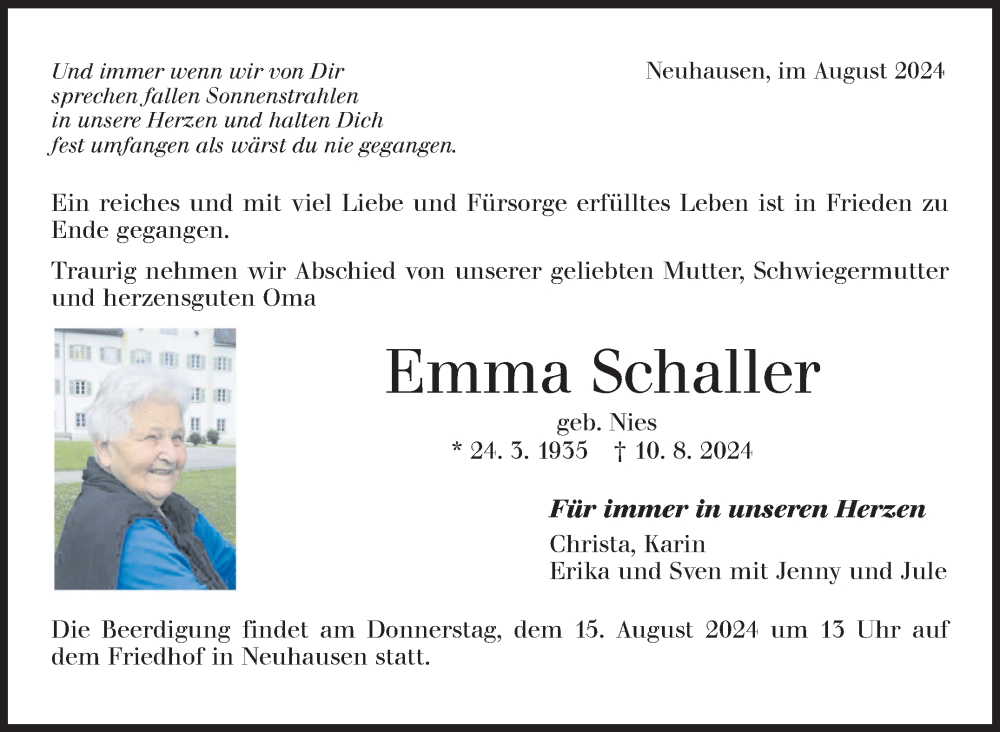  Traueranzeige für Emma Schaller vom 14.08.2024 aus Eßlinger Zeitung/Cannstatter Zeitung