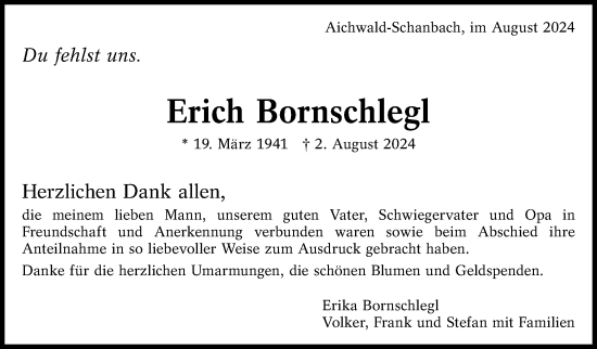 Traueranzeige von Erich Bornschlegl von Eßlinger Zeitung/Cannstatter Zeitung