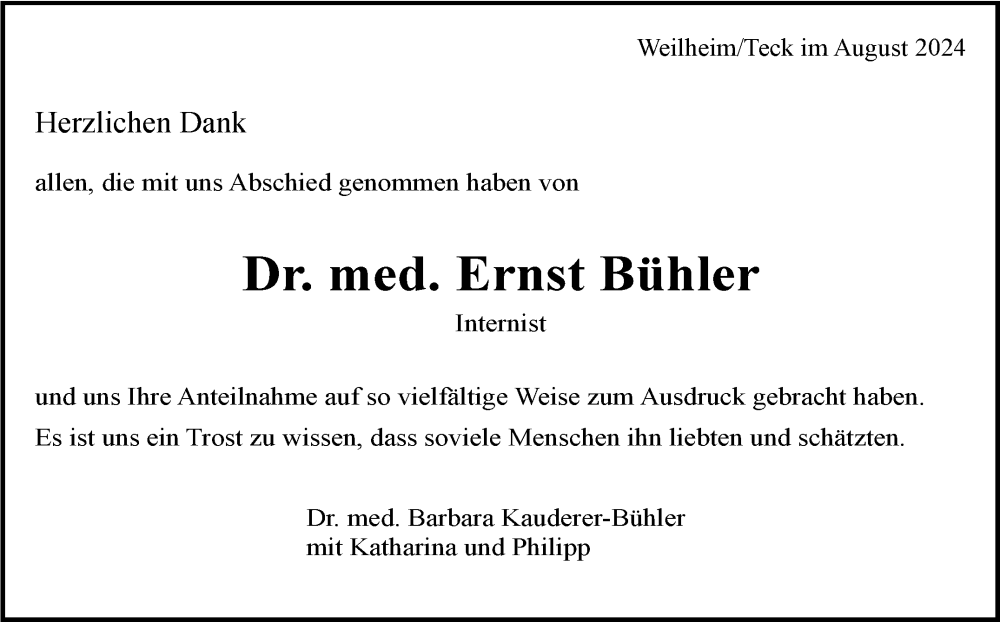  Traueranzeige für Ernst Bühler vom 23.08.2024 aus Eßlinger Zeitung/Cannstatter Zeitung