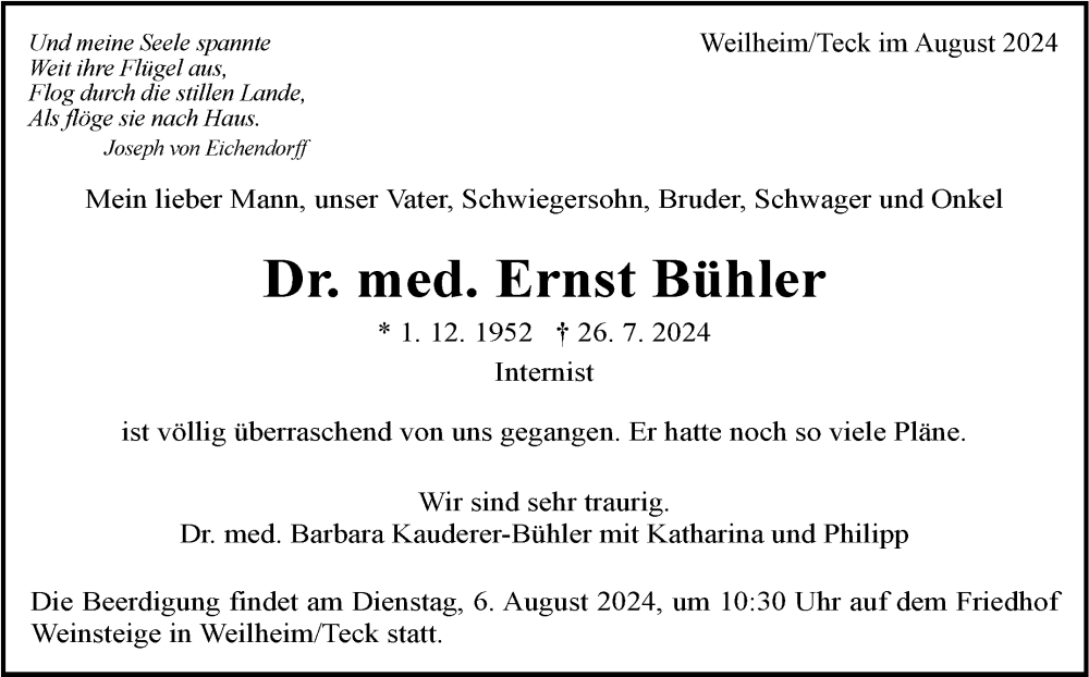  Traueranzeige für Ernst Bühler vom 02.08.2024 aus Eßlinger Zeitung/Cannstatter Zeitung