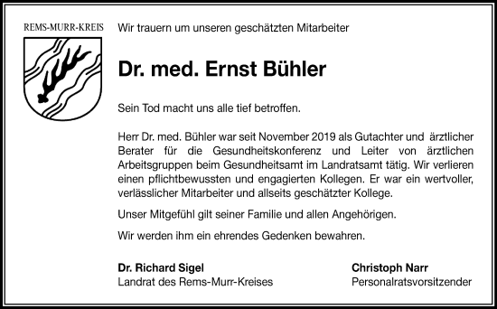 Traueranzeige von Ernst Bühler von Eßlinger Zeitung/Cannstatter Zeitung