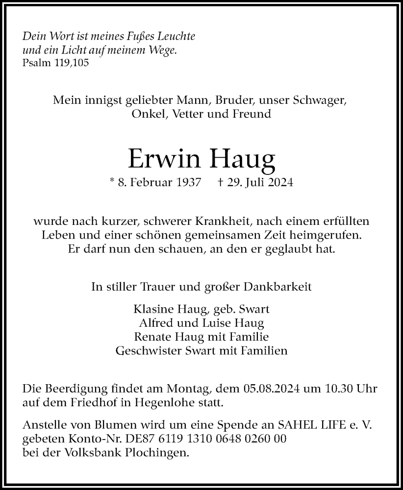  Traueranzeige für Erwin Haug vom 03.08.2024 aus Eßlinger Zeitung/Cannstatter Zeitung