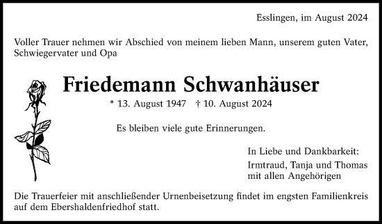 Traueranzeige von Friedemann Schwanhäuser von Eßlinger Zeitung/Cannstatter Zeitung