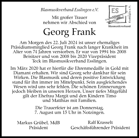 Traueranzeige von Georg Frank von Eßlinger Zeitung/Cannstatter Zeitung