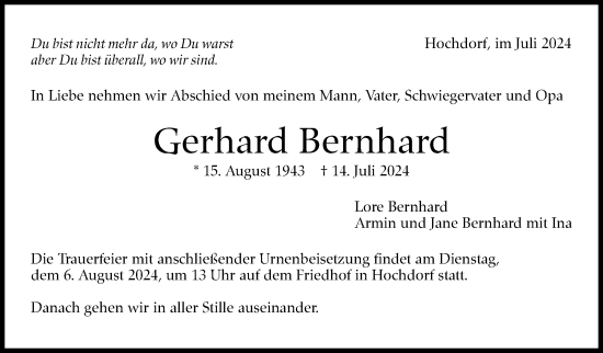 Traueranzeige von Gerhard Bernhard von Eßlinger Zeitung/Cannstatter Zeitung