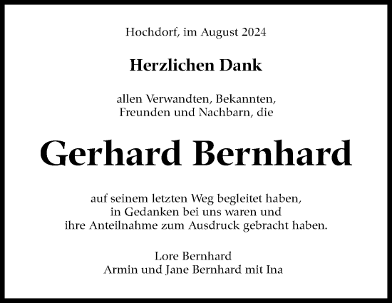 Traueranzeige von Gerhard Bernhard von Eßlinger Zeitung/Cannstatter Zeitung