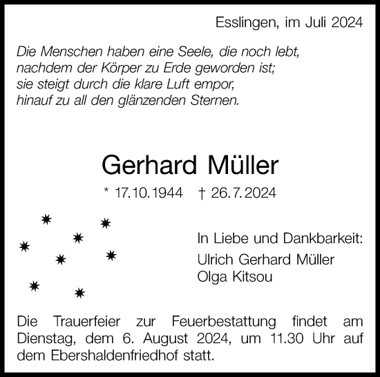 Traueranzeige von Gerhard Müller von Eßlinger Zeitung/Cannstatter Zeitung