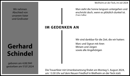 Traueranzeige von Gerhard Schindel von Eßlinger Zeitung/Cannstatter Zeitung