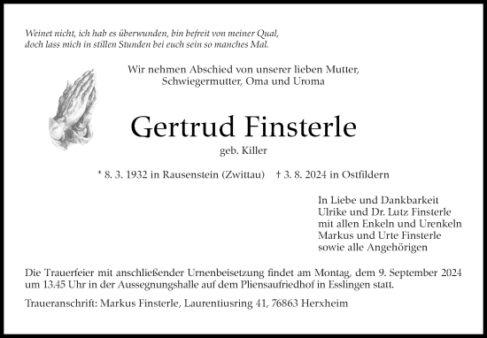 Traueranzeige von Gertrud Finsterle von Eßlinger Zeitung/Cannstatter Zeitung