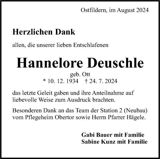 Traueranzeige von Hannelore Deuschle von Eßlinger Zeitung/Cannstatter Zeitung