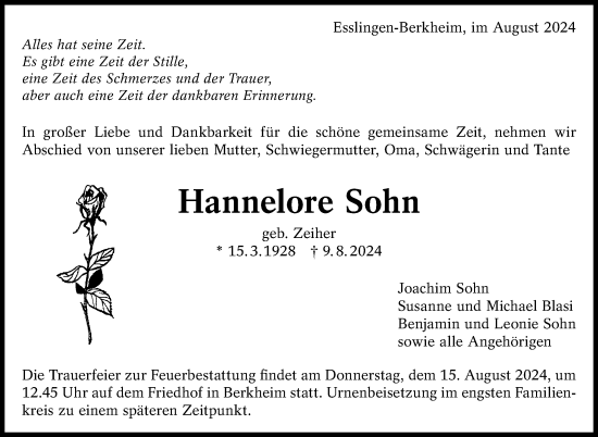 Traueranzeige von Hannelore Sohn von Eßlinger Zeitung/Cannstatter Zeitung