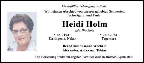 Traueranzeige von Heidi Holm von Eßlinger Zeitung/Cannstatter Zeitung