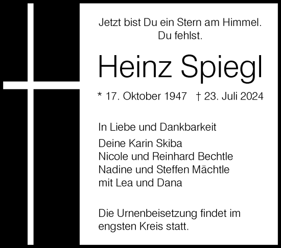 Traueranzeige von Heinz Spiegl von Eßlinger Zeitung/Cannstatter Zeitung