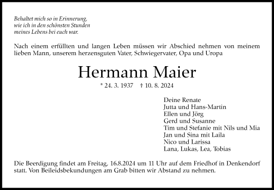 Traueranzeige von Hermann Maier von Eßlinger Zeitung/Cannstatter Zeitung