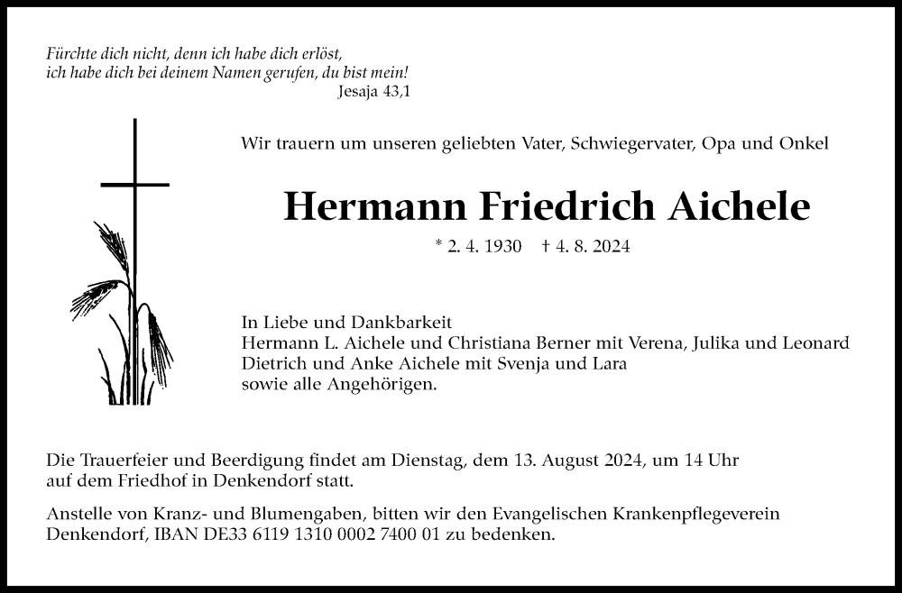  Traueranzeige für Hermann Friedrich Aichele vom 09.08.2024 aus Eßlinger Zeitung/Cannstatter Zeitung