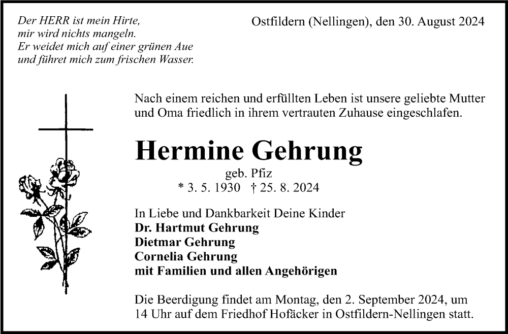  Traueranzeige für Hermine Gehrung vom 30.08.2024 aus Eßlinger Zeitung/Cannstatter Zeitung