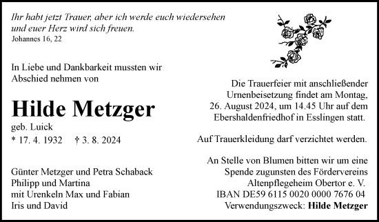 Traueranzeige von Hilde Metzger von Eßlinger Zeitung/Cannstatter Zeitung