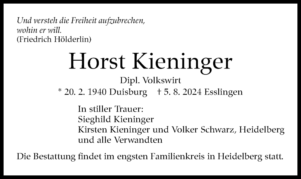  Traueranzeige für Horst Kieninger vom 08.08.2024 aus Eßlinger Zeitung/Cannstatter Zeitung