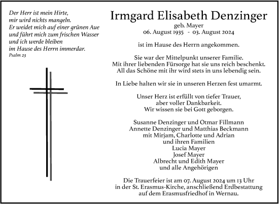 Traueranzeige von Irmgard Elisabeth Denzinger von Eßlinger Zeitung/Cannstatter Zeitung