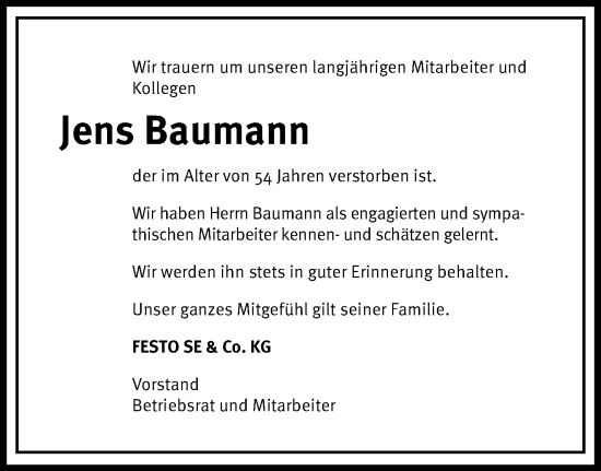 Traueranzeige von Jens Baumann von Eßlinger Zeitung/Cannstatter Zeitung