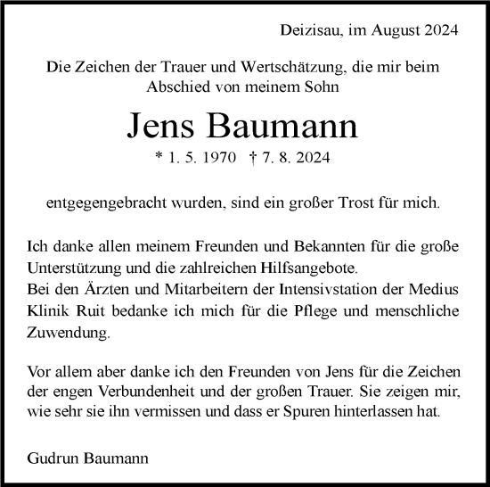 Traueranzeige von Jens Baumann von Eßlinger Zeitung/Cannstatter Zeitung