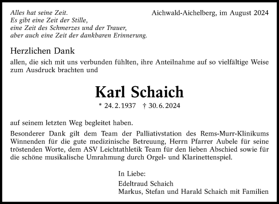 Traueranzeige von Karl Schaich von Eßlinger Zeitung/Cannstatter Zeitung