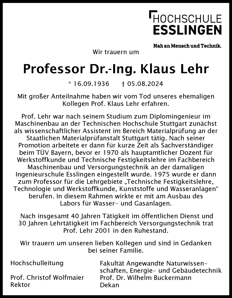 Traueranzeige für Klaus Lehr vom 17.08.2024 aus Eßlinger Zeitung/Cannstatter Zeitung