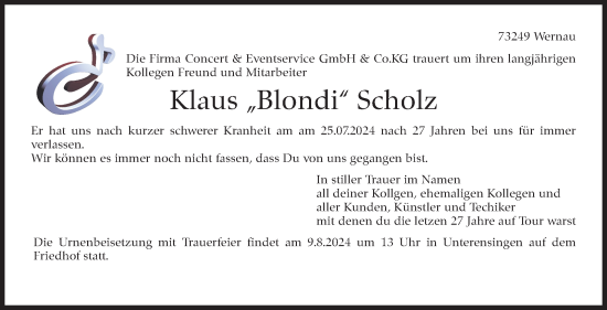 Traueranzeige von Klaus Scholz von Eßlinger Zeitung/Cannstatter Zeitung