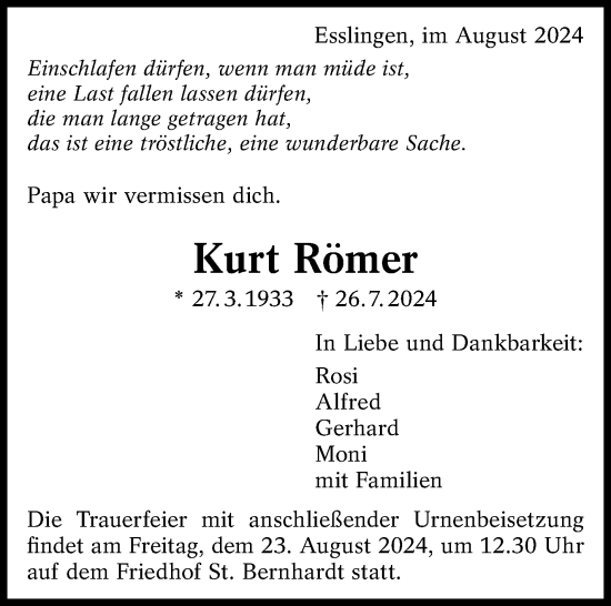 Traueranzeige von Kurt Römer von Eßlinger Zeitung/Cannstatter Zeitung