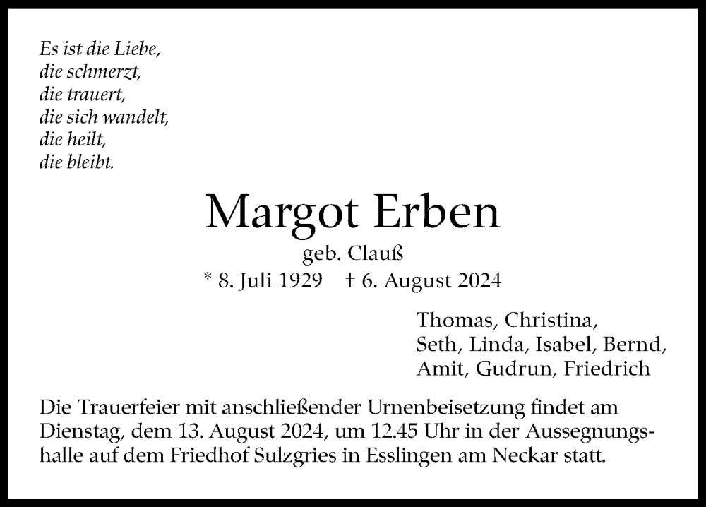  Traueranzeige für Margot Erben vom 12.08.2024 aus Eßlinger Zeitung/Cannstatter Zeitung